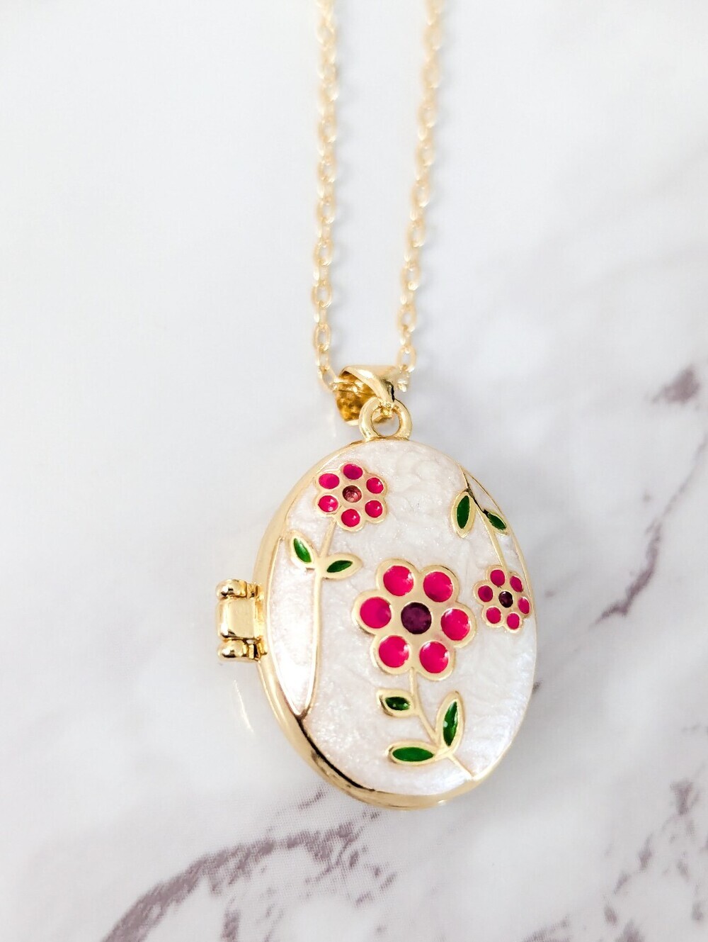 Floral Enamel Photo Locket Necklace Gold Tone Pink Flower Keepsake Pendant - Picture 5 of 8